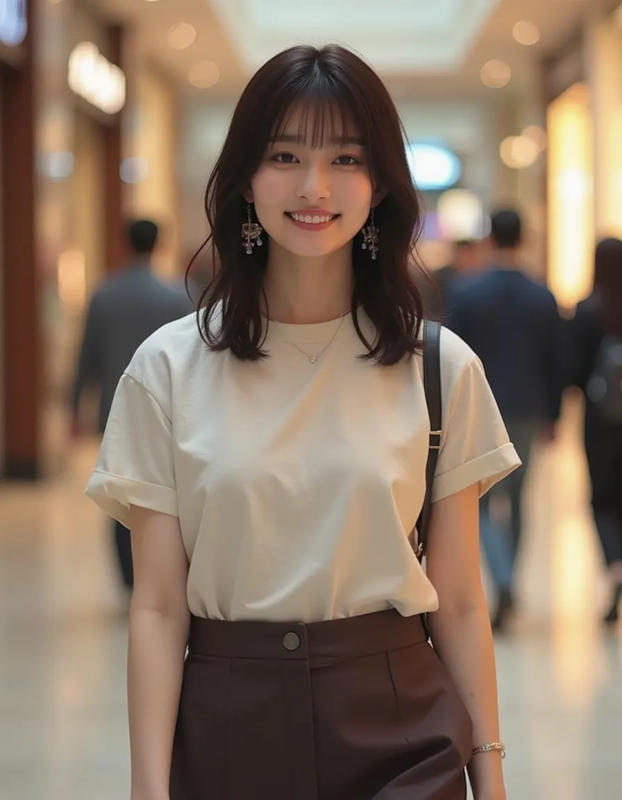 beautiful detailed full body photograph, , cute, youthful, 22 years, stylish modern shoulderfee T- shirt top, nice dark brown skirt,  black hair, walking in a beautiful stylish shopping mall,  medium long hair, (((beautiful stylish modern earrings))), beau...