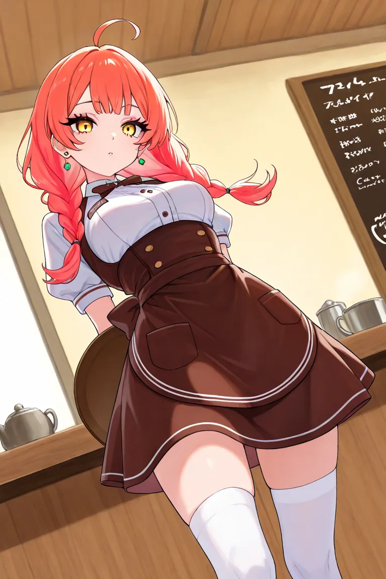 1girl,medium breasts,yellow eyes,long eyelashes,red hair,pink hair,orange hair,long hair,twin braids,bangs,ahoge,hair over shoulder,earring,  white knee-high socks,brown Cafe Waitress,standing,カチューシャ