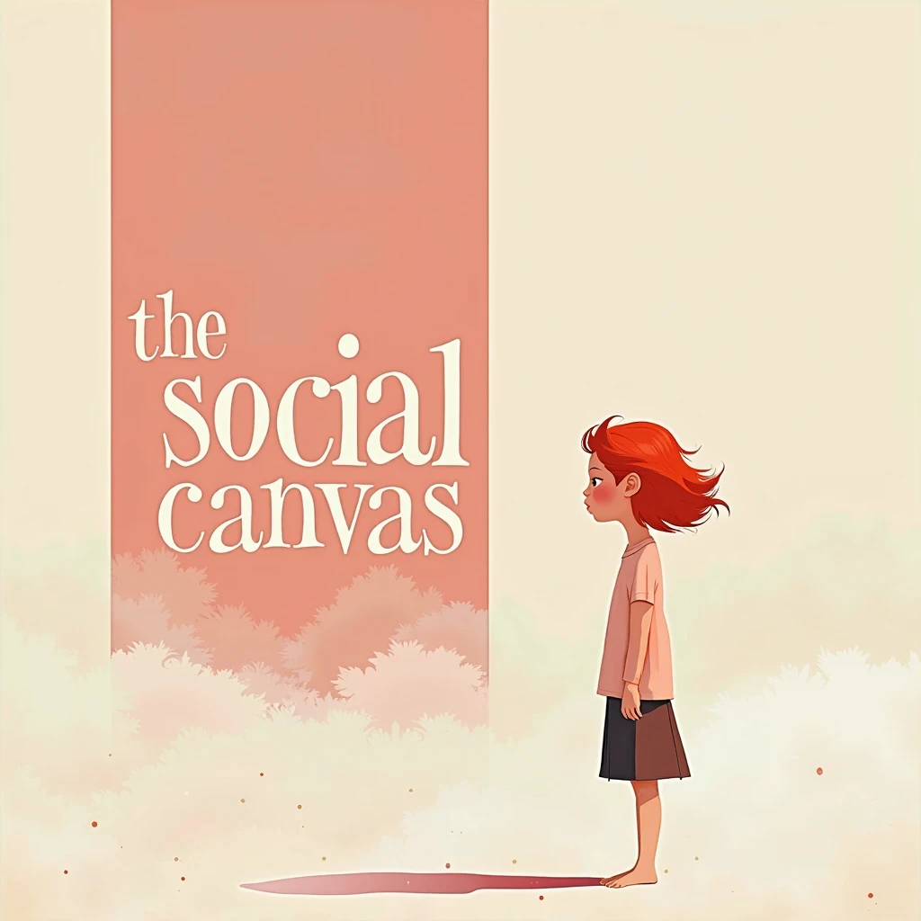 Abstract minimalist illustration of a red-haired girl, pastel colors, large text “The Social Canvas” in a unique font,  firmly without details 