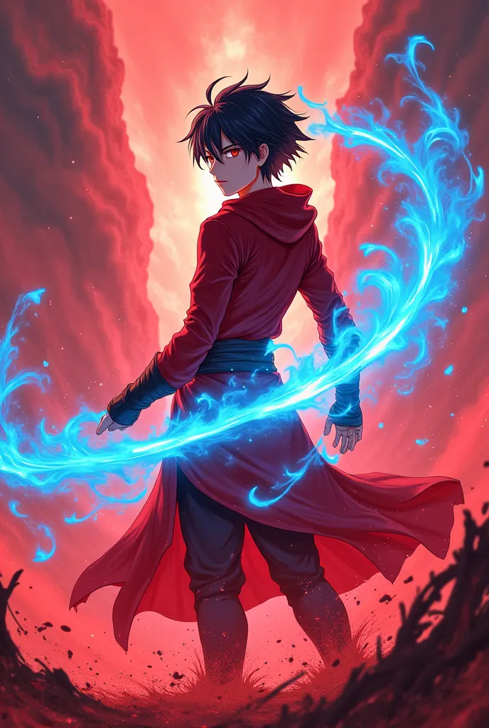 Anime character in red sea flowing blue flame sword in hand