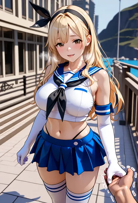  super realistic pictures , RAW photo  , realism, 3D rendering ,Unity Engine),Break 1girl, alone, Island Breeze、 brown eyes、Blonde with big face、 long hair、 headband、 black ribbon,    sailor suit  、   sleeveless shirt、 CROP TOP、 white gloves、   elbow glove...