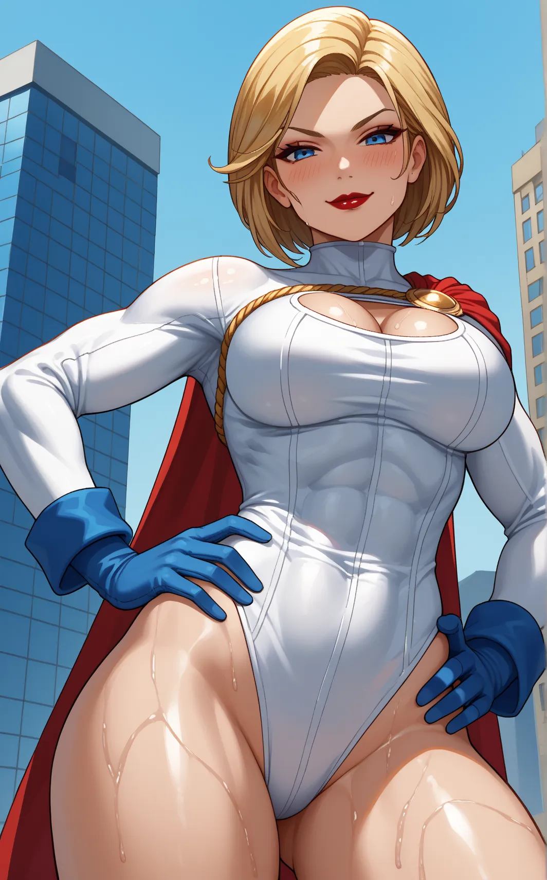 score_9, score_8_up, score_7_up, fighting stance, dynamic pose, action scene, cowboy shot, simple background,depth of field, solo, looking at viewer,  BREAK PONYXL_DC_Powergirl_ownwaifu, 1girl, blonde hair, blue eyes, large breasts, muscular female, short ...