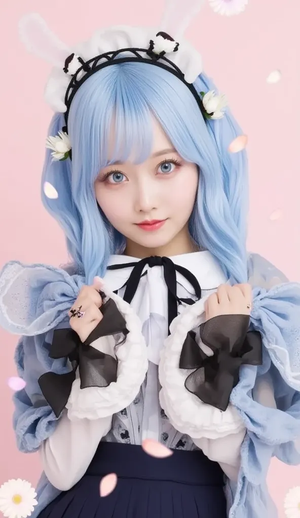 full body、short hair,  Pastel Blue Hair  、and is styled in a black headband featuring white flowers and ear-like accents.  she says 、wears black and white maid clothes that accentuate her playful and cute beauty , Decorated with lace and ribbons, in、has st...