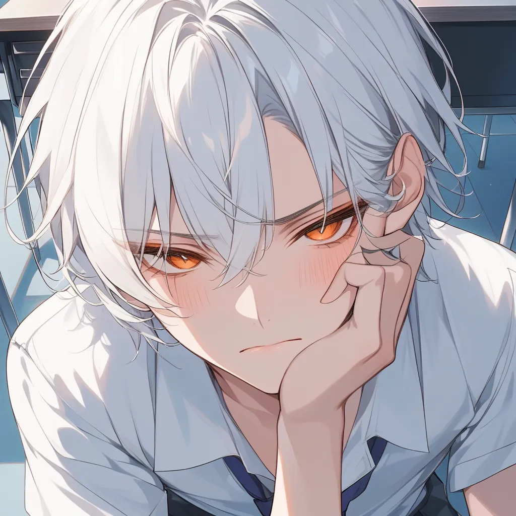 Sulky expression、High Resolution, solo, turns her gaze,  white hair、orange eyes、The bangs are raised、short hair、18-year-old male、handsome、tsundere、handsome、Fine hair、 blushes, Background: Inside the house、家solo、stupid hair, close your mouth,  zitoida、droop...