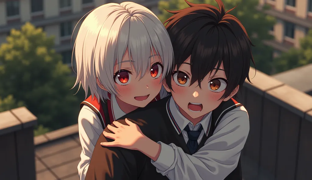  Anime art, on a school roof, a woman with short white hair red pupils wearing red expression uniform shyly hugs behind a man with black pupils brown pupils in school uniform with an awkward shocked expression. distortion effect, vignette effect adds retro...