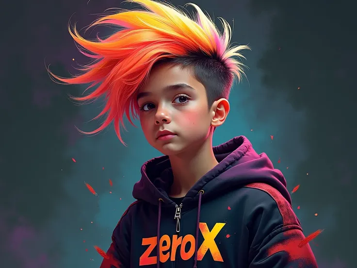 A boy with colorful hair who says zero x on his clothes , Let the colors black be used, gray and purple 