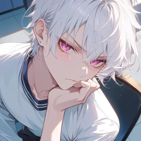 Sulky expression、High Resolution, solo, turns her gaze,  white hair、pink eyes、The bangs are raised、short hair、18-year-old male、handsome、tsundere、handsome、Fine hair、 blushes, Background: Inside the house、家solo、stupid hair, close your mouth,  zitoida、droopy ...