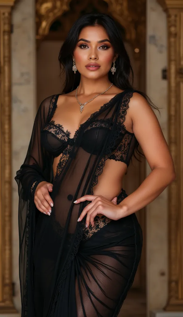 Indian sexy lady in black lingerie saree , ancient sex goddess , perfect figure , showing her round belly button , sexy deep navel , curvy waist , thick legs , slutty makeup , dark eyeliner , HOT red lips , long hairs , earrings , shinny ornaments , neckla...