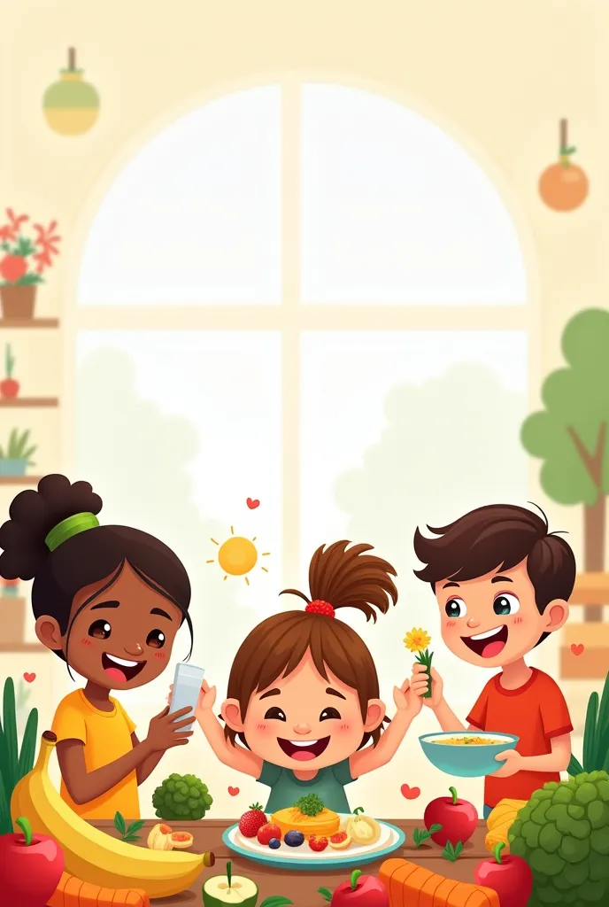 A clean and vibrant illustration for the cover of a booklet about healthy eating for ren. The image features a cheerful and colorful scene with a variety of fresh fruits and vegetables, such as apples, bananas, carrots, and broccoli, arranged in an invitin...