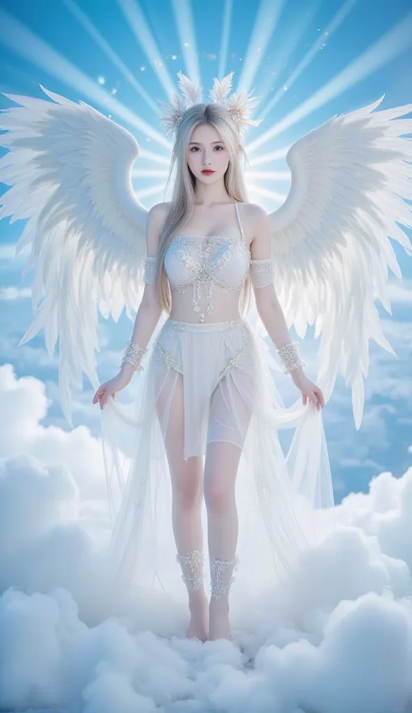 The image depicts a female figure with large, majestic wings standing amidst a backdrop of clouds and a blue sky. She has long hair and wears an ornate headpiece adorned with feathers. Her attire consists of a light, ethereal outfit with delicate accessori...