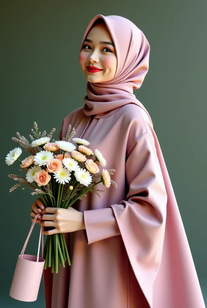 a woman holding a bouquet of flowers and a bag, a picture inspired by Fathi Hassan, instagram contest winner, hurufiyya, hijab, ruan cute vtuber, photoshoot, smooth in _ the background, holding gift, with lovely look, full protrait, with cape, vshojo, uwu,...