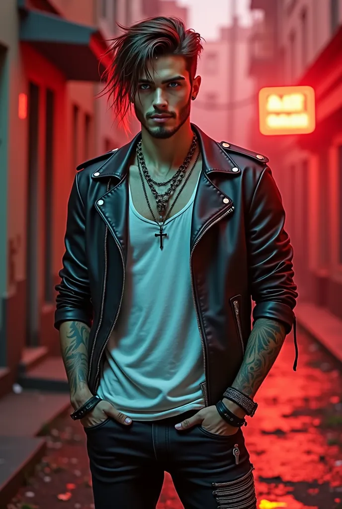 Create the image of a young man, 20-23 years. 
He has a medium height, athletic build. The background is a dilapidated city with abandoned streets in a neon dark backlight {x} He has a beautiful and even sexy appearance with attractive sky blue eyes and sh...