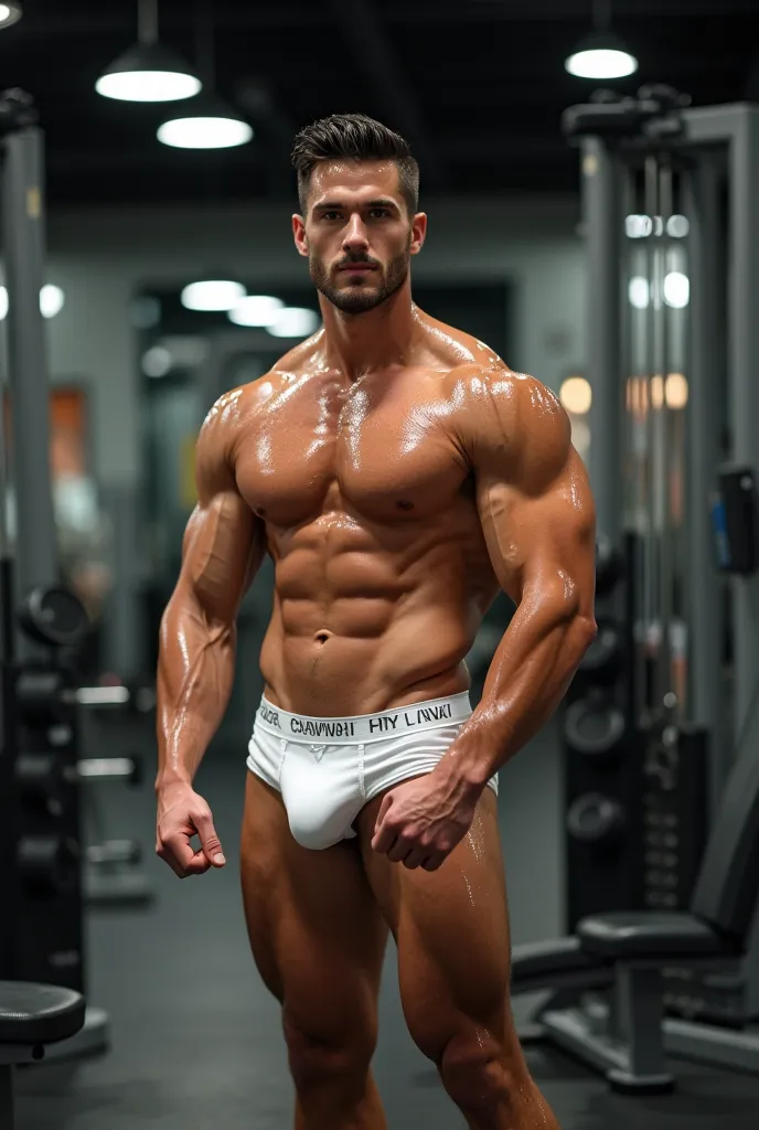 A muscular, tanned man with well-defined legs, strong quadriceps and toned calves, he stands only in wet white underwear that shows off his bulging penis and highlights his powerful legs, along with a tight tank top or no shirt, showing off his sculpted ab...