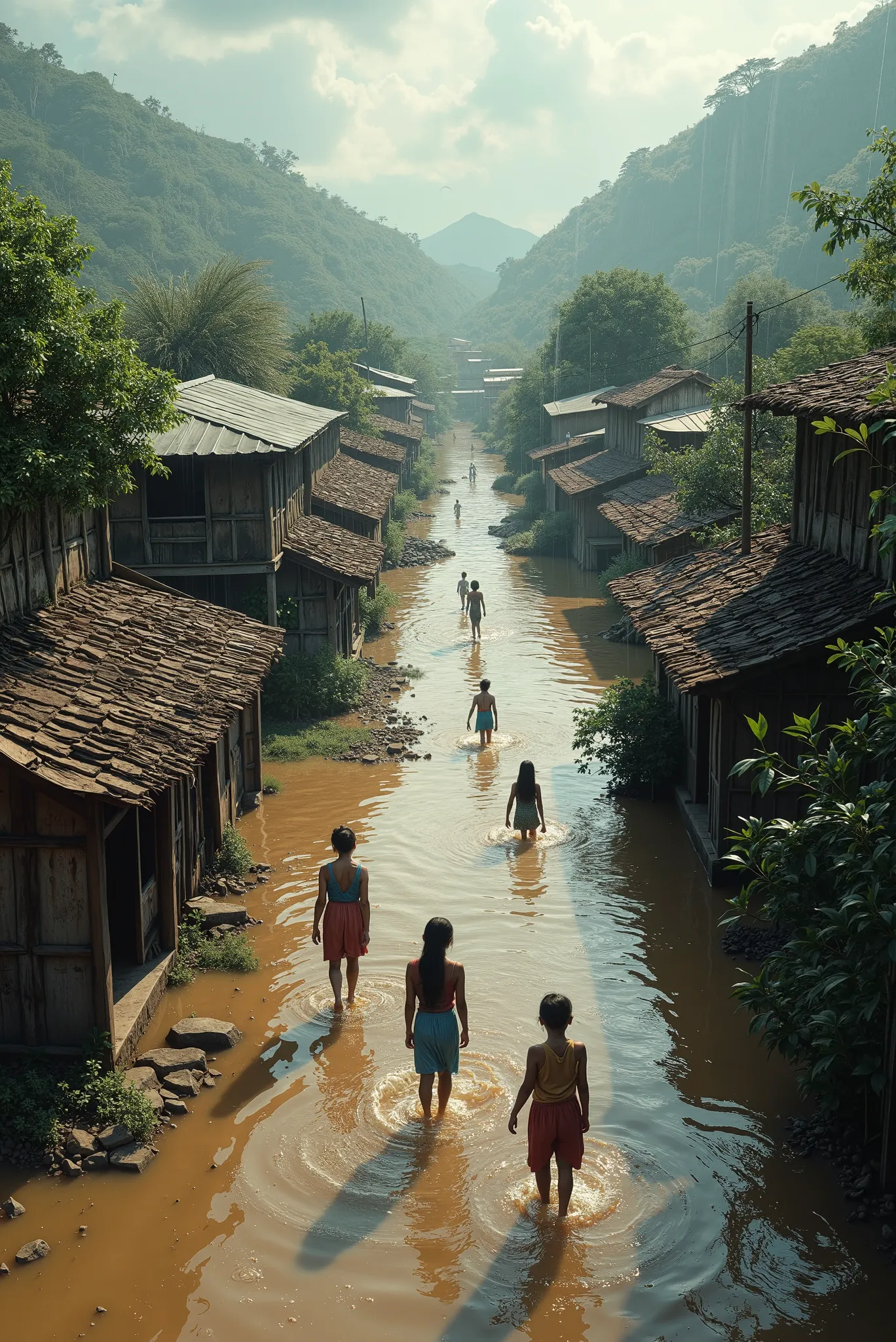 A highly detailed picture of a village in a country suffering from floods, natural reality, Fertile land, fruit trees, small farms, rural houses,  High quality render , rainy weather effects,  natural lighting, realistic oil painting, girl, 4K Quality,  su...