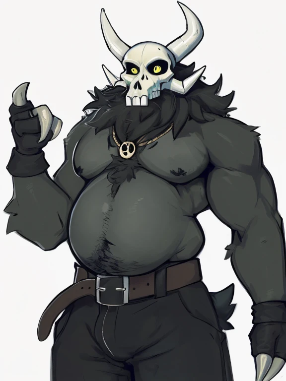 (by zackary911, anime, soft hatching) anthropomorphic, solo, human anatomy, adult, tall, mature, anthro, (dilf, skinny fat, soft abs, pecs, belly, heavyweight), (Papa Titan (THE OWL HOUSE), daddy titan, black fur, black body, black chest, chest tuft, skull...