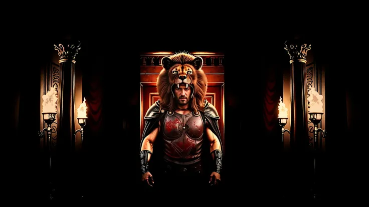 Greek columns, flaming torches, marble columns. Hercules wearing his lion armor. His helmet is the head of a lion. The scene is realistic with a wide frame. His armor is dirty with dust and blood, and his cape is dusty. blood, dust, greece, action, walking...