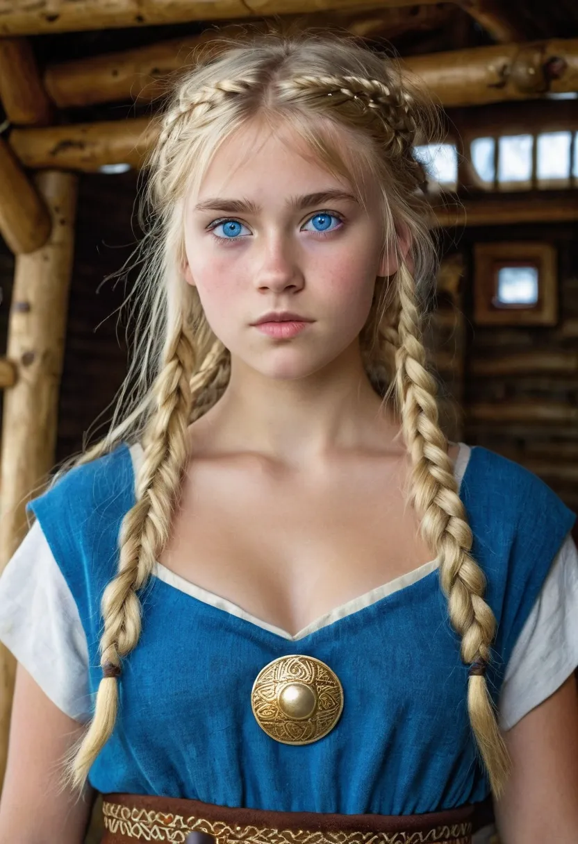 front view, Viking girl,12 century,  Sweden Young girl, beautiful female, 18 years old, (Highly detailed face, Ordinary eyes, Blue  eye,  gold hair, fringe, Variegated eyes, Fuller lips, little Lips), (Middle breasts, Slender Whist, Middle Hip) ,(Viking co...