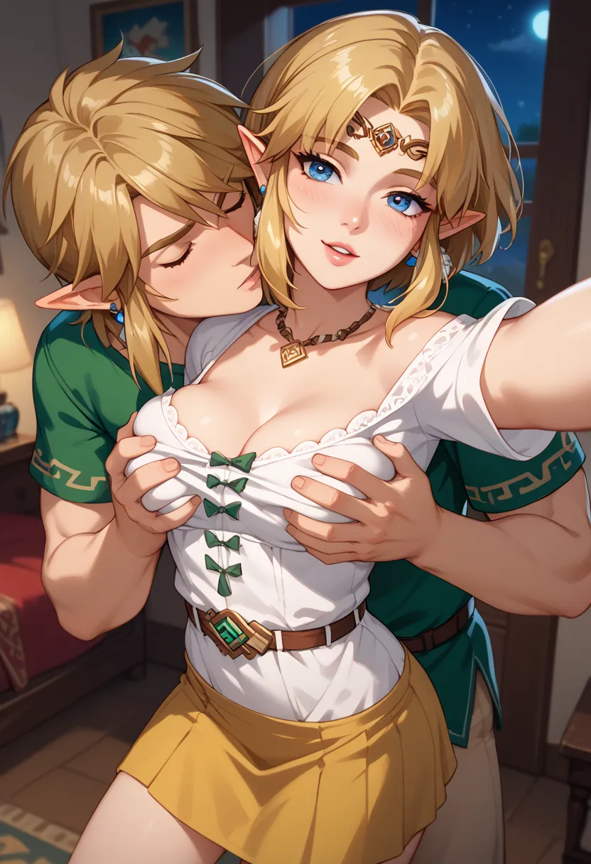 Link TotK and Zelda ,  yellow hair,  seductive look skirt, short hair, medium breasts, In a night room,   seen from the front, , desde arriba,   selfie  ,  anime style, link breast grab from behind,  . Kiss between 2 , avoid eye contact .  Down shirt,( sho...