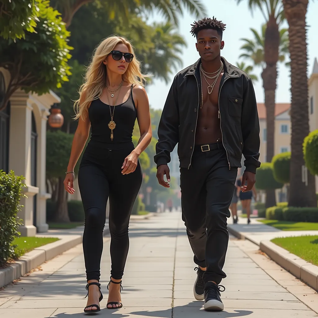  WOMEN IS A 45 YEAR OLD BLONDE milf cougar berberlly hills stile black clothes, she walks down the street with  very  joven adolescente negro, 14 años thug