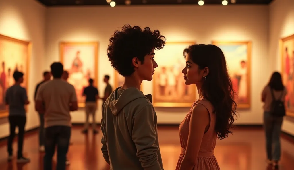 *Create a Disney Pixar style wide shot of an art gallery filled with mid-range shot of Arun, a young male photographer with curly black hair with a casual outfit Arun’s photographs, each one showcasing moments with , a young woman with long brown hair in a...