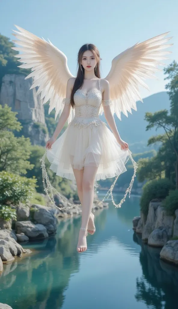 The image features a fantasy scene depicting a winged female character hovering above a serene landscape. She has large, feathered wings and is dressed in a light, ethereal outfit. Her attire includes a top and a skirt, adorned with elegant accessories. Th...