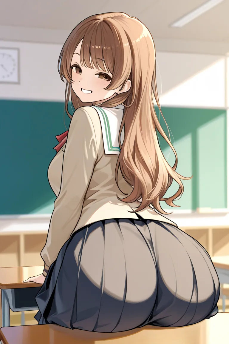 One with a little bit lighter brown long hair, brown eyes, slightly rounded eyes and face, about 1,50m tall and 55 kg, relatively big ass and tits with a smile on her face and wearing a school uniform, on a school table.