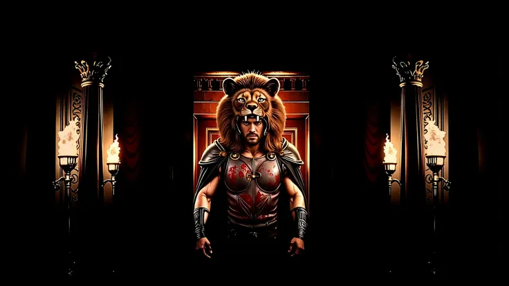 Greek columns, flaming torches, marble columns. Hercules wearing his lion armor. His helmet is the head of a lion. The scene is realistic with a wide frame. His armor is dirty with dust and blood, and his cape is dusty. blood, dust, greece, action, walking...
