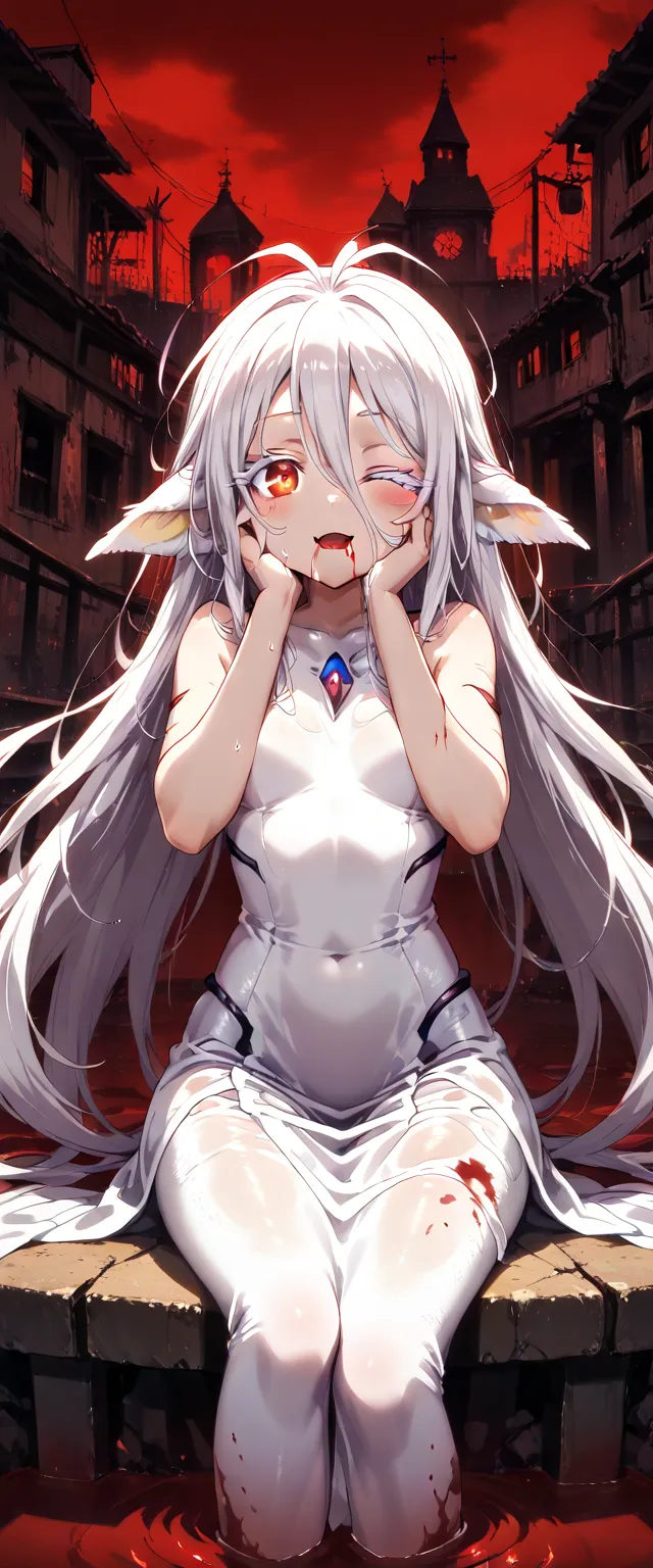 girl,abandoned amusement park background, , hair of two colors,white hair,  Long hair, Light skin, Red eyes, Red, Redes, ,  Masterpiece  , big chest, better quality, Anime style, , looks at the viewer with his eyes half closed,  dispassionate face , blank ...