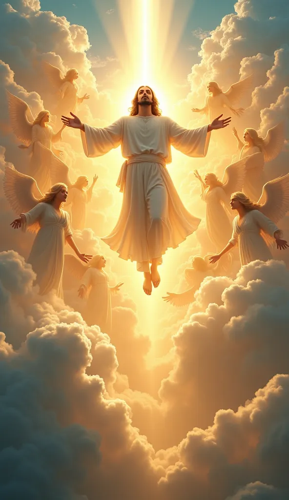 Jesus is seen in the sky, glowing with divine light, His robe flowing as if touched by the winds of heaven. He is surrounded by a host of angels, their wings spread wide in majestic, radiant splendor. The angels’ faces are full of awe and reverence, their ...