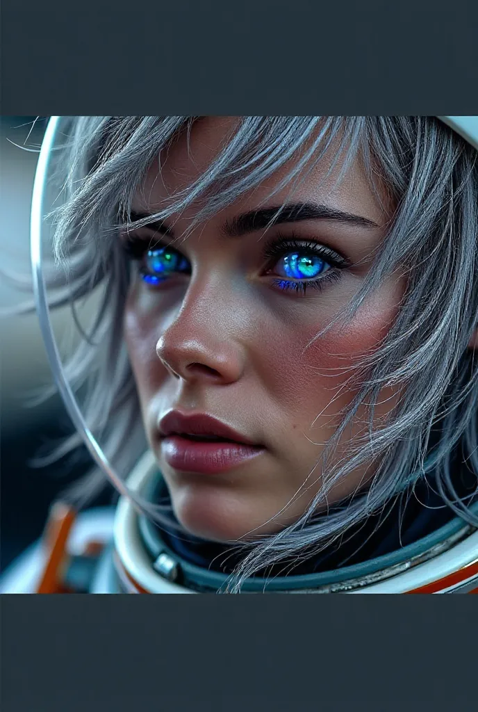 (Close-up of a better masterpiece:1.5)0.9], (Space and astronauts:1.2) (Messy silver hair:1.1) (Heterochromia xanthochromia and blue eyes:1.2) (Space Helmet:1.0) (Colored stars in the eyes:1.0) (A radiant glow:1.1) (thick lips:0.9)