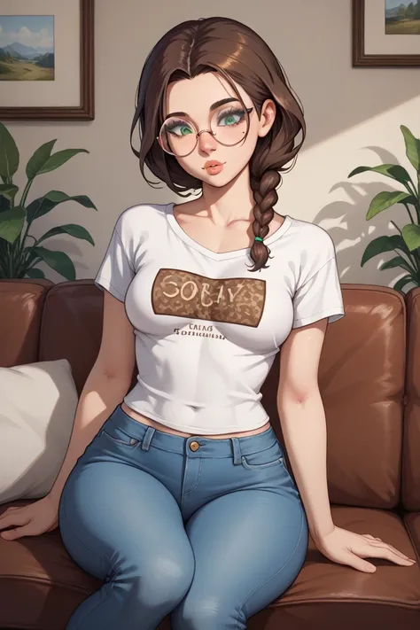 
A young woman with fair skin and long, wavy brown hair braided on the side. Round glasses, green eyes looking down. Full lips, prominent cheekbones and a slightly pointed chin. very oversized chest, detailed collarbones. Thick hips, curvy buttocks. She is...