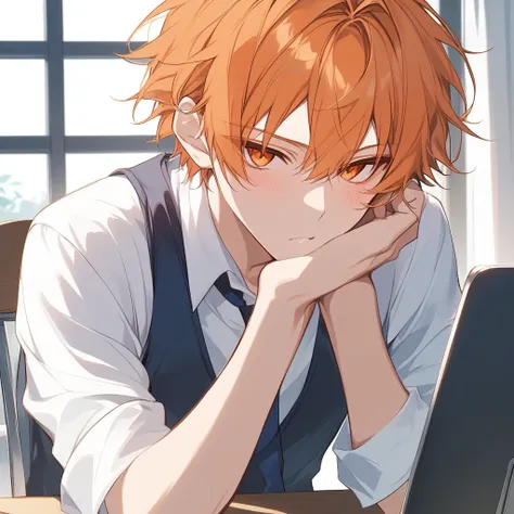 Sulky expression、High Resolution, solo, turns her gaze, orange hair、orange eyes、The bangs are raised、short hair、18-year-old male、handsome、tsundere、handsome、Fine hair、 blushes, Background: Inside the house、stupid hair, close your mouth,  zitoida、droopy eyes...