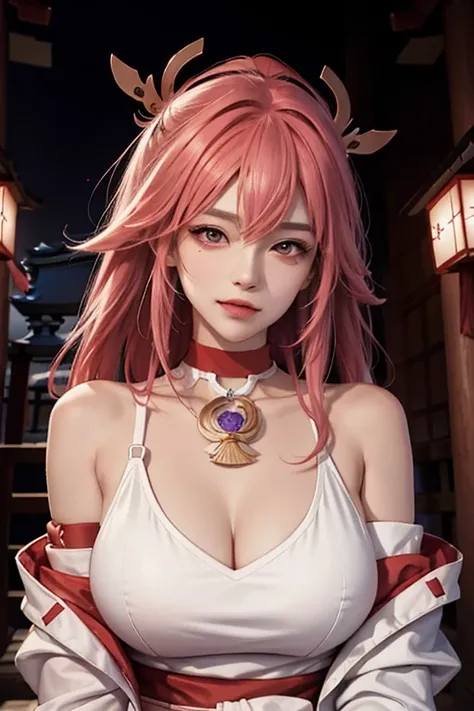 （tmasterpiece，Need，1girll，Solo，The details are complex，Look up at the perspective，color difference），photorealestic，（frontage），(cropped shoulders)，cleavage，Close-up，ssmile，Raised sexy，Yae Miko，Pink Long Hair，red headgear，Red highlight，Hair above one eye，Pur...