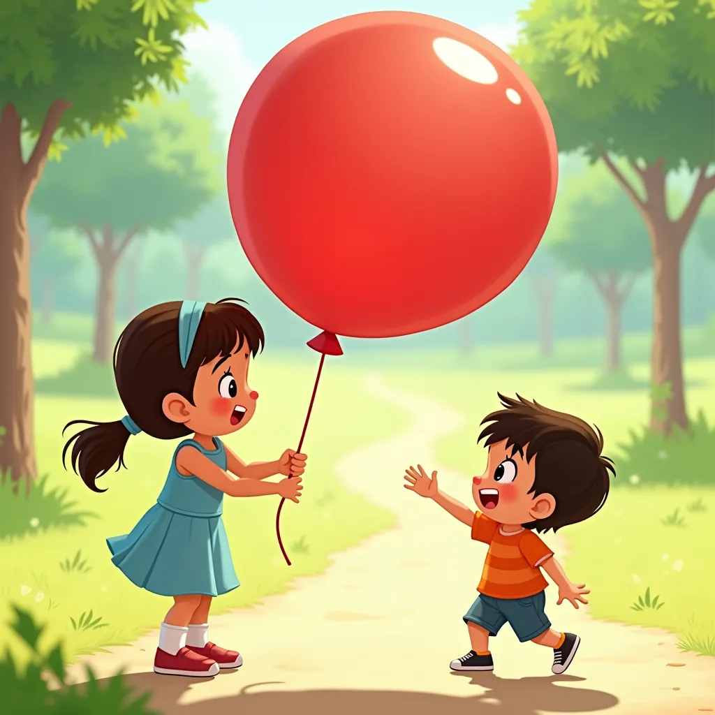 A young girl named Lili is tightly holding her large red balloon, not wanting to share. Her best friend, a small boy named Can with short dark hair, reaches out to touch the balloon, but Lili refuses. Can looks disappointed while Lili has a determined, pos...