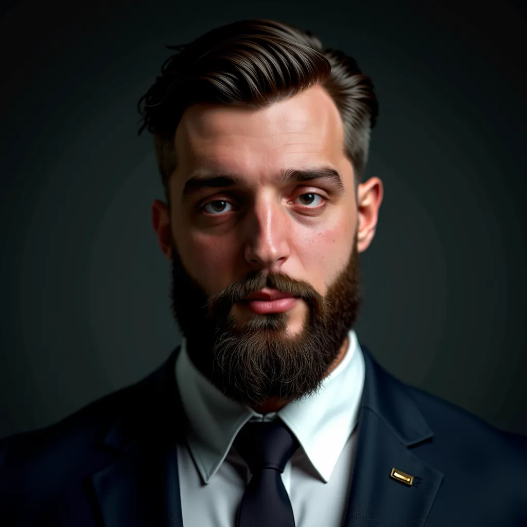 a muscular and slender man with a big beard broad shoulders and a narrow waist, in a business suite. Photo mode, close-up, portrait.