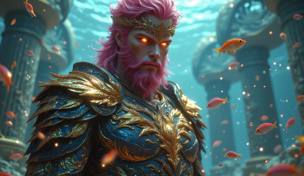  Close-up Hermes yellow-eyed, muscular pink hair wearing bronze armor and a bronze laurel wreath in front of a large palace under the sea with bubbles and fish 