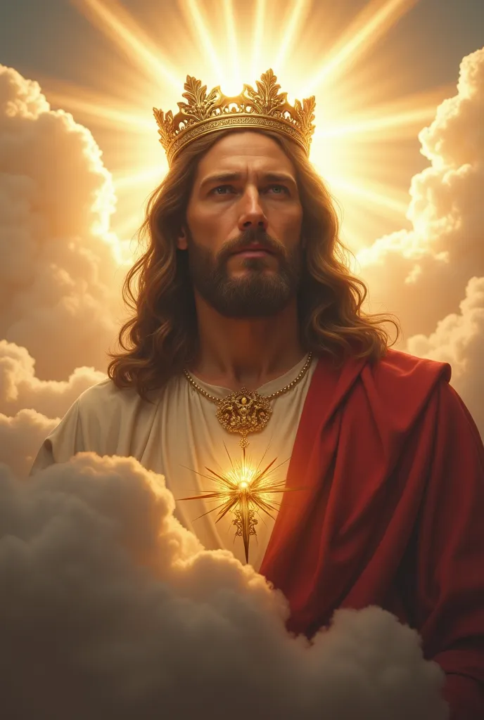 Create an image with the word Jesus containing a crown and clouds with rays in an aspect ratio of 3840x2160 pixels
 