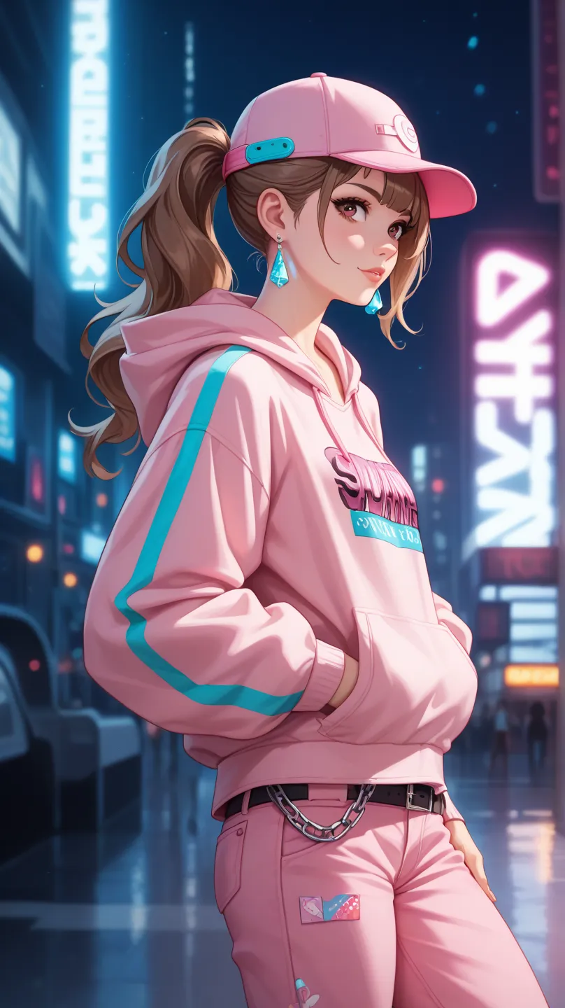 A stylish anime girl with long, flowing brown hair and deep brown eyes, standing in a vibrant urban nightlife setting with glowing lights in the background. She wears a pastel pink oversized hoodie with a futuristic emblem on the back and sleeves, paired w...