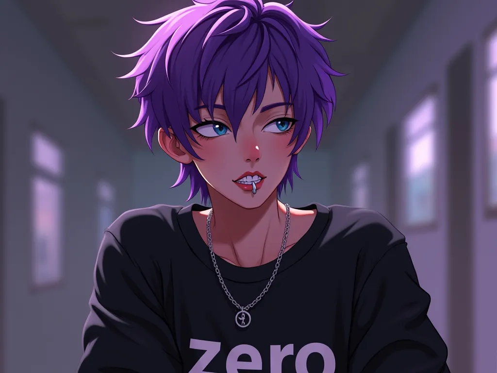 un chico hombre de cabello corto color purple y flequillo, with mouth and nose piercings, Say zero on your clothes, Let the color black be used, purple, Grey to be animated, not so realistic