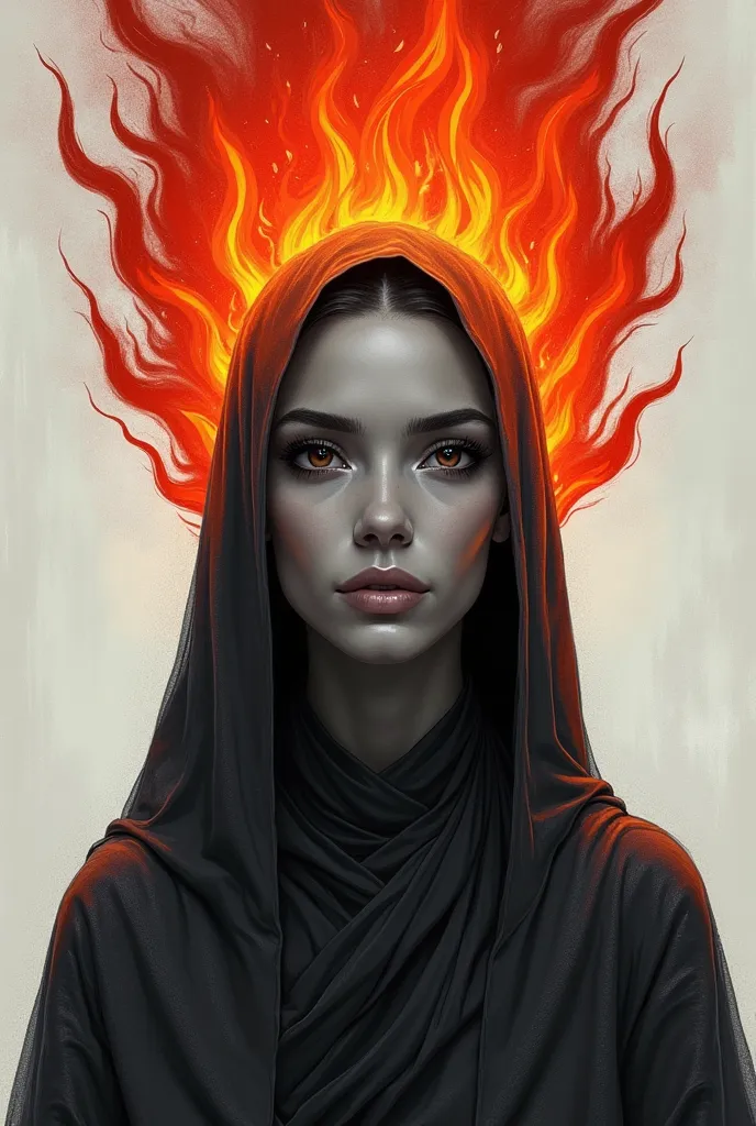 Gray-skinned graphite woman with Arab ethnic traits, without eyebrows and eyelashes, with dark brown eyes, bald, her hair consists of red flames in a bonfire-like shape, Are these flames part of her, Exactly like a hair (Like Hades from the movie Hercules)...