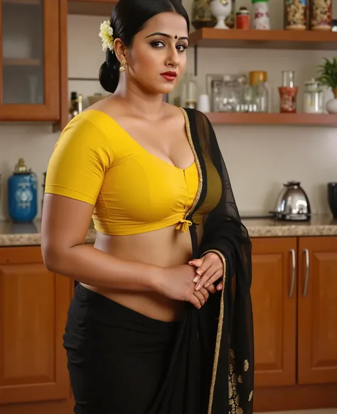 Dusky body, yellow blouse, black see through saree, working in kitchen, sweat drops seen in her body, hair tied around, flowers in head, red lips, deep navel, sexy waist folds, nosering, Fit and curvy body, sleeveless blouse, costly room, bangles in hand, ...