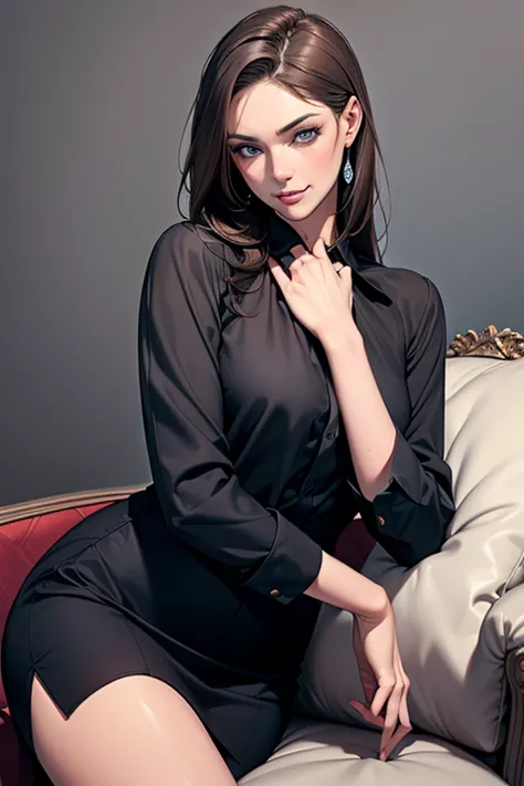 grown woman with dark grey-brown hair, long hair, grey-blue eyes, face with a small smirk, adult/grown woman face, clear cheekbones, in a black silk shirt with a neckline, businesswoman, luxury, business suit, silver jewelry, woman sitting in soft chair ag...