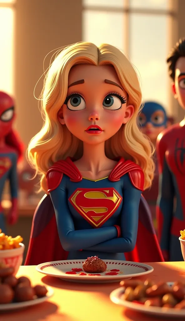  A 3D Disney-style scene of Supergirl in a bright, lively Iftar gathering, holding a date covered in sticky Spider-Man webs. She looks shocked, her blonde hair slightly lifted in surprise, and her blue-and-red costume gleams under the warm golden lights. T...