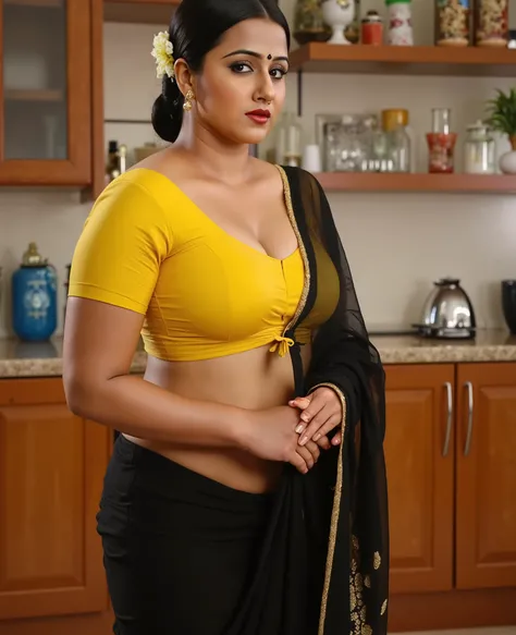 Dusky body, yellow blouse, black see through saree, working in kitchen, sweat drops seen in her body, hair tied around, flowers in head, red lips, deep navel, sexy waist folds, nosering, Fit and curvy body, sleeveless blouse, costly room, bangles in hand, ...