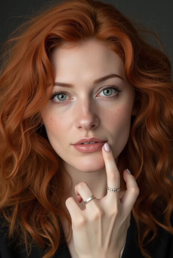  photo of a woman, 38 years old, textured skin, small wrinkles, freckles on the face, red hair, long slightly curly hair,  kind eyes , hand rings,  beautiful manicure, whole body, spring, walk,  stylish clothes 