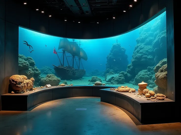 Design a zone of the museum that showcases wrecks and pirates. Inside the zone there are wrecks from shipwrecks, pieces and information of ships recovered from under the sea. 
Treasures discovered from shipwrecks, gold, silver coins, jewelry and gems that ...