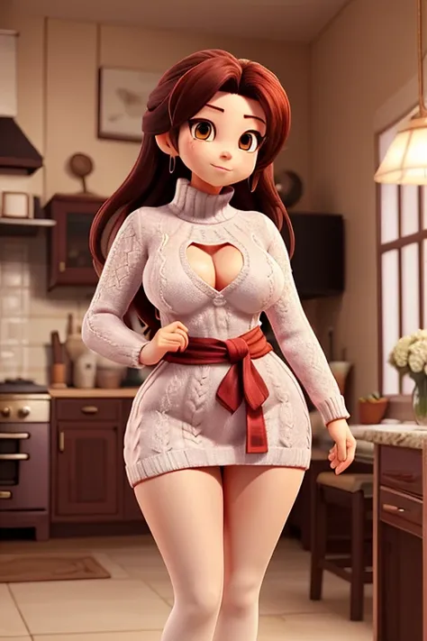 Mai Shiranui wearing a lace sweater preparing breakfast in her kitchen,, thin waist and thick hips, Beautiful and thick Mai Shiranui, large body, thick thighs, full body photo dressed in a lace sweater, is wearing a lace sweater, wide-hipped,  thin waist, ...