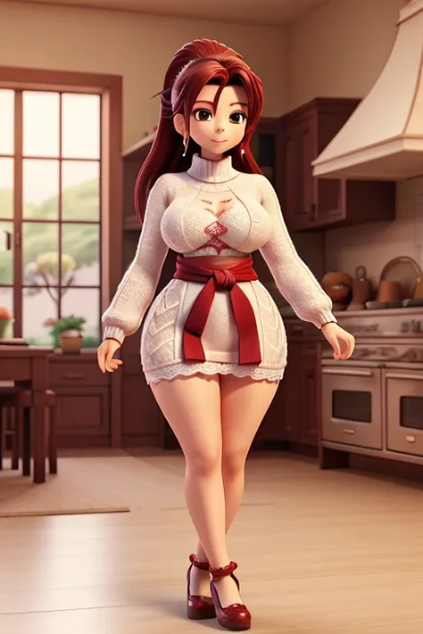 Mai Shiranui wearing a lace sweater preparing breakfast in her kitchen,, thin waist and thick hips, Beautiful and thick Mai Shiranui, large body, thick thighs, full body photo dressed in a lace sweater, is wearing a lace sweater, wide-hipped,  thin waist, ...