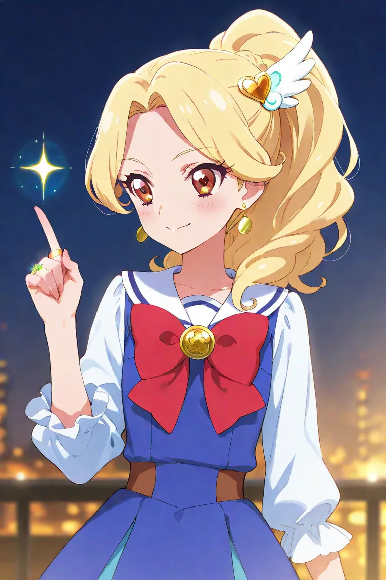 Female characters based on Pretty Cure, high appearance 1m68, Long Blonde Blend Navy Blue,hair resembling Kanzaki Mizuki (KanZaki Miyuki)one of the main characters in Tristar's lead Aikatsu anime film,big red bow hairpin ,wearing small yellow round earring...