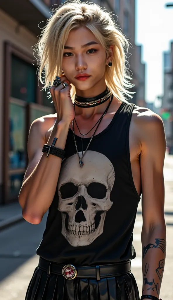 ed image, pretty light effects, dynamic shot, street, posing, middle parted hair, shoulder length hair, badass street style, posing with a hand on his face, touching his face, badass pose, graphic tank top, gothic jewellery, man wearing a tank top with gra...